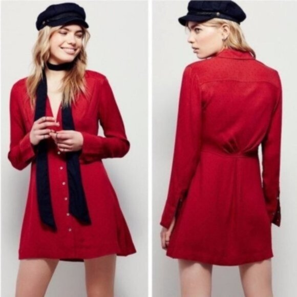 NWT Free People This Town Red Polka Dot‎ Shirt Dress XS - Picture 1 of 9